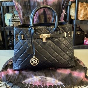 Badgley Mischka NWT quilted black vegan leather tote bag with gold hardware.